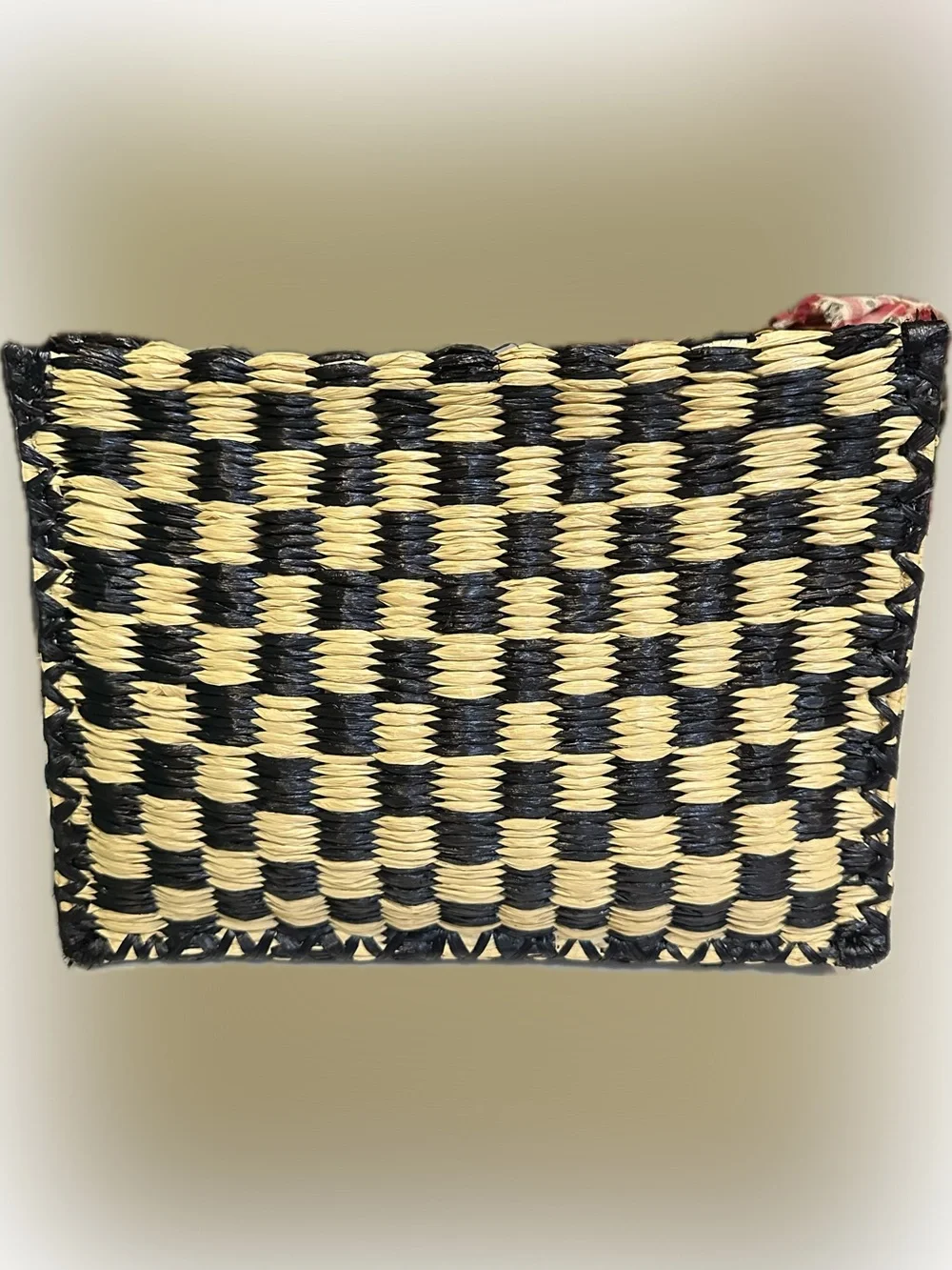 TORY BURCH NATURAL BLACK CHECK WOVEN WEAVE STRAW WICKER LOGO CLUTCH WRISTLET 11”